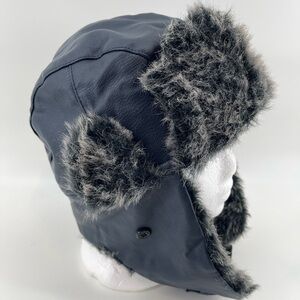 Faux Fur Leather Aviator‎ Hat in Black Winter Gear Warm Trapper